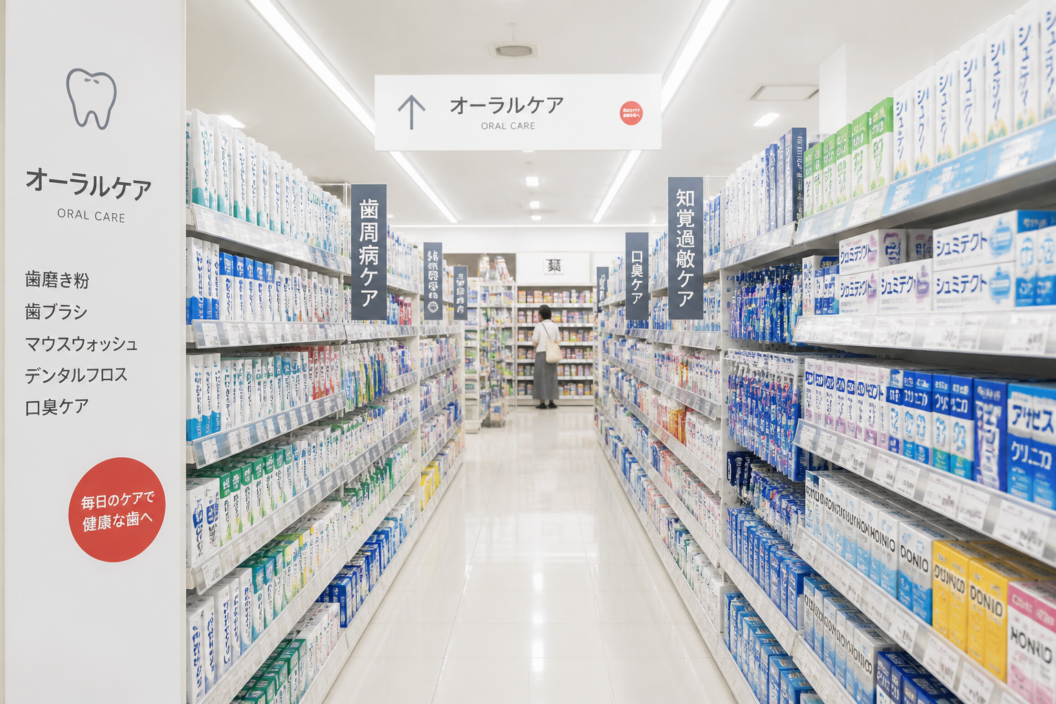 Oral-care aisle in a Japanese pharmacy