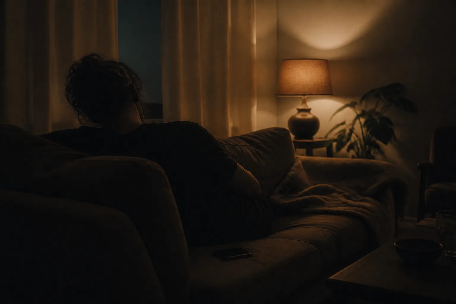 Dim evening living room, a figure slumped on the sofa lit by one warm lamp