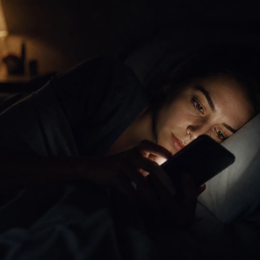 Face lit by phone glow in a dark bedroom at 12:40am, thumb mid-scroll