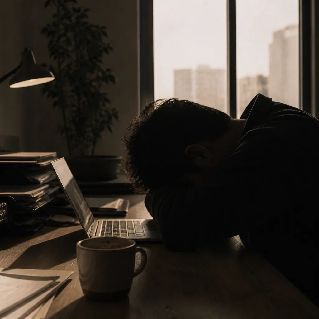 Office worker slumped at a desk in mid-afternoon light, cold coffee in the foreground