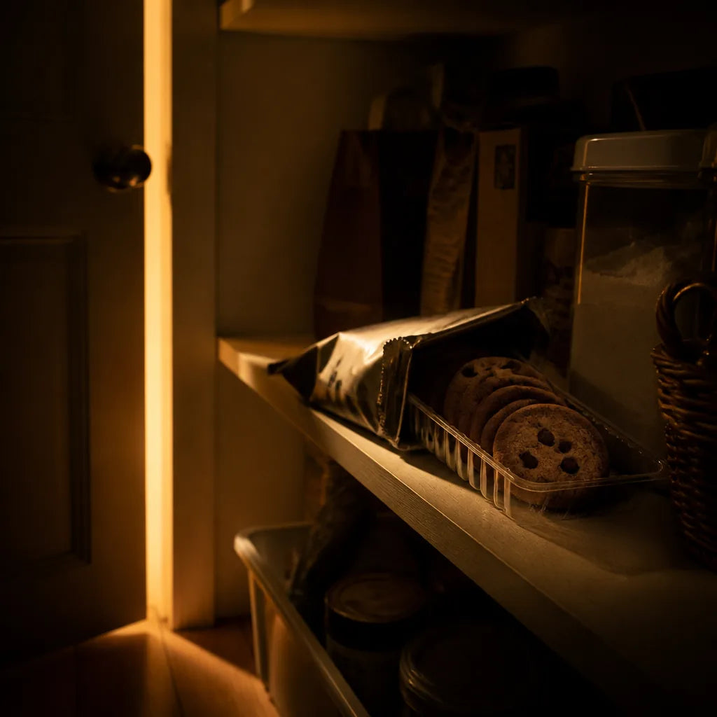 Pantry shelf at night with an opened cookie package lit by light from a cracked door