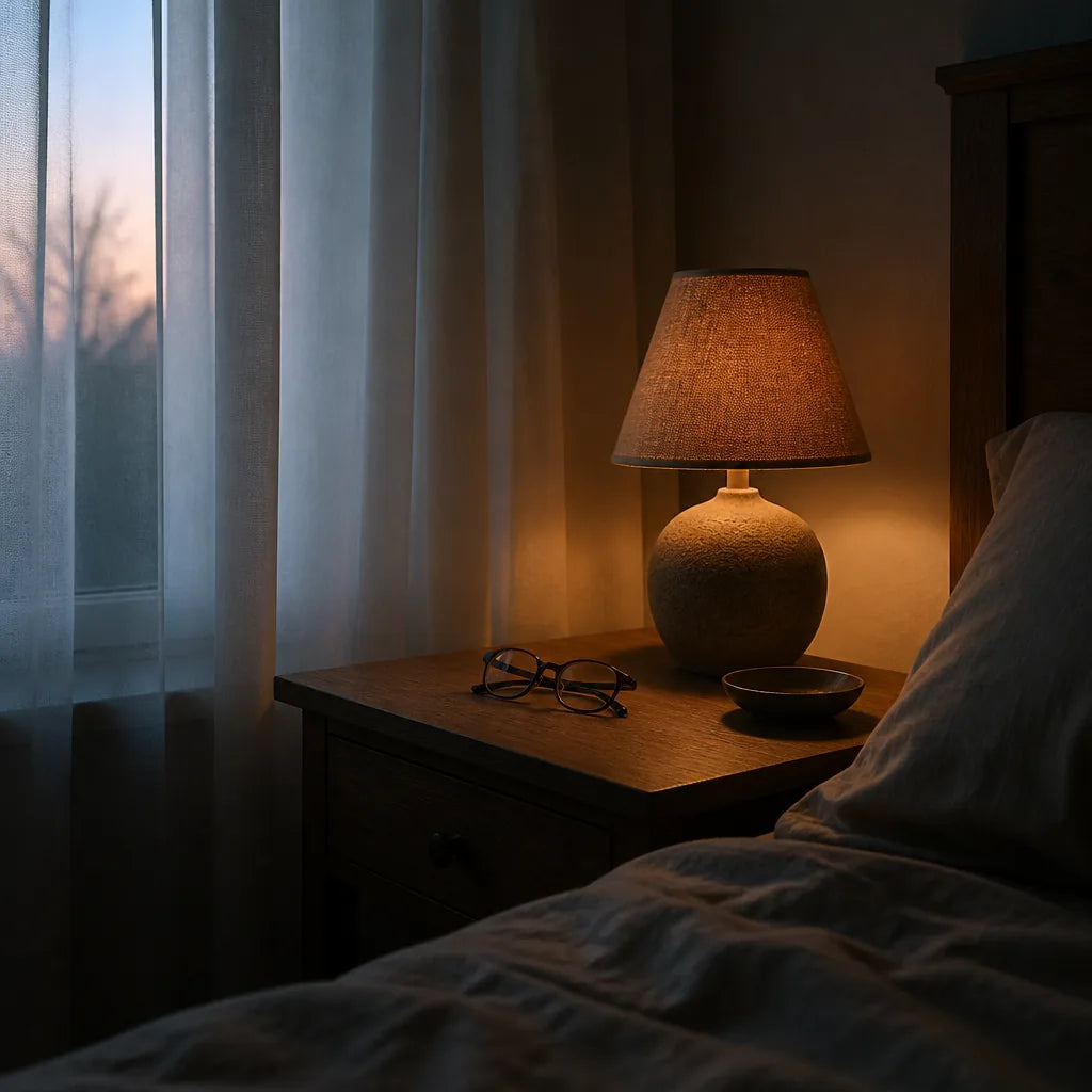 Nightstand at dawn with folded reading glasses beside a warm lamp