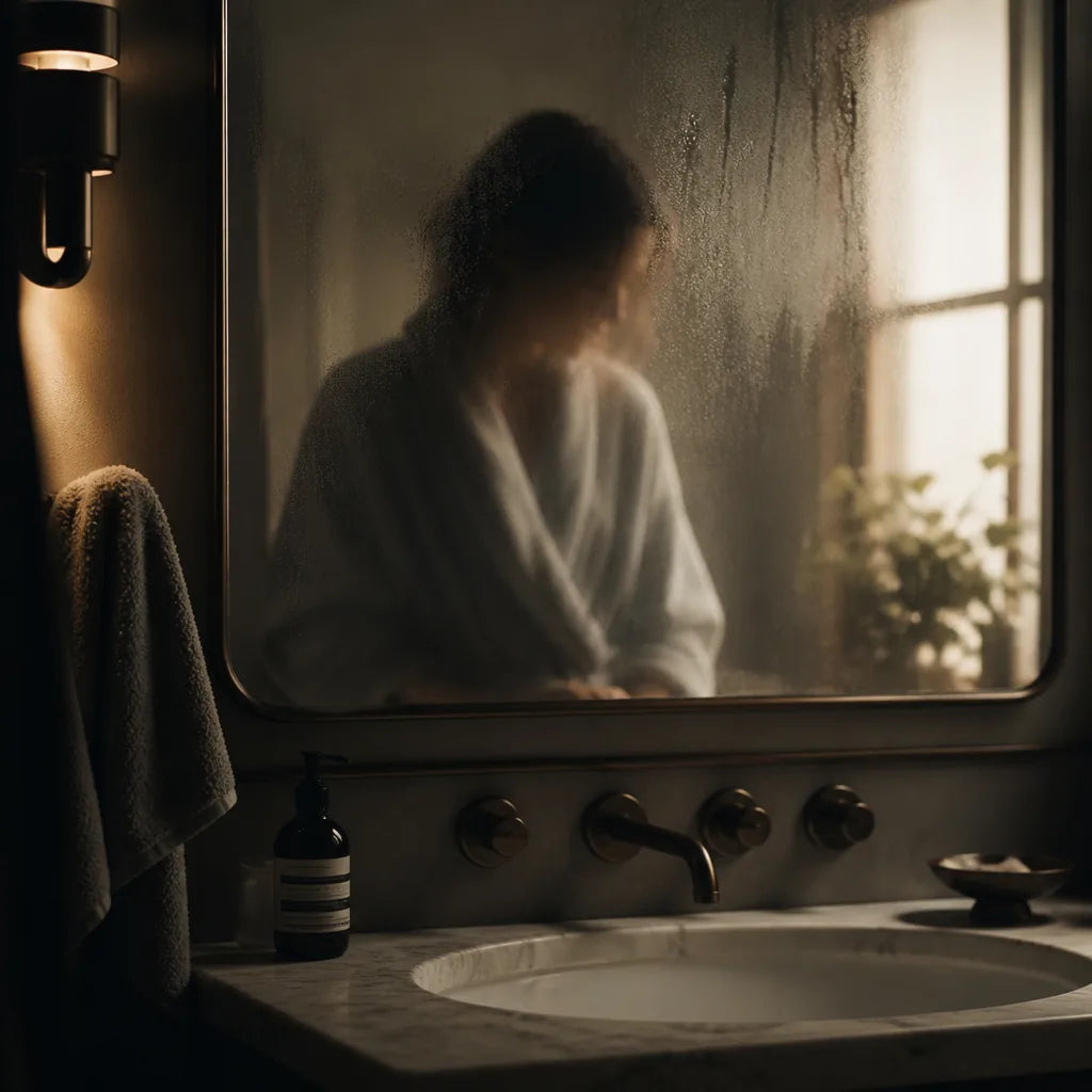 Blurred reflection of a robed figure in a fogged bathroom mirror at morning