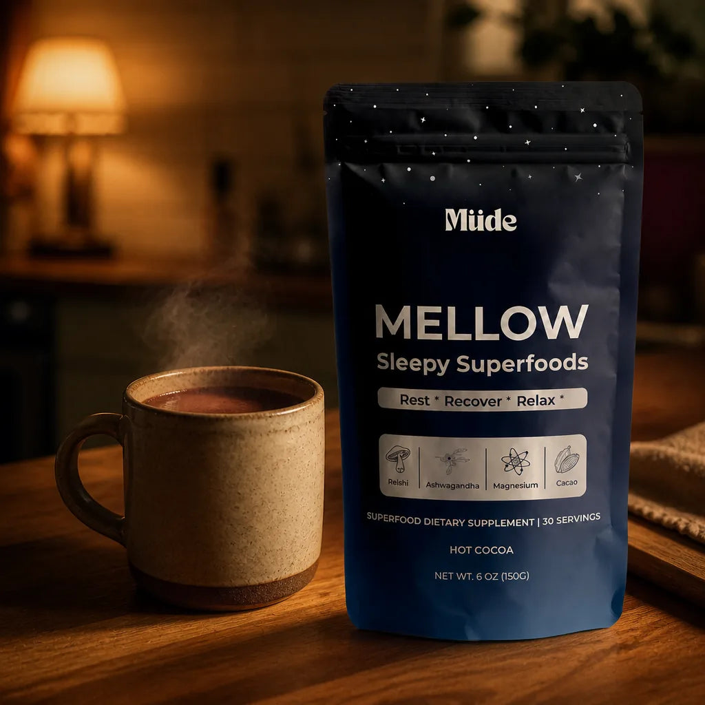 Mellow Sleepy Superfoods pouch beside a steaming mug of hot cocoa on a kitchen counter