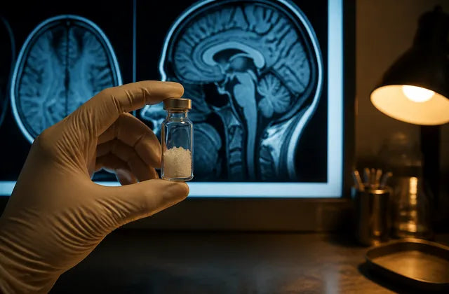 A vial of magnesium L-threonate held against a brain scan on a lightbox