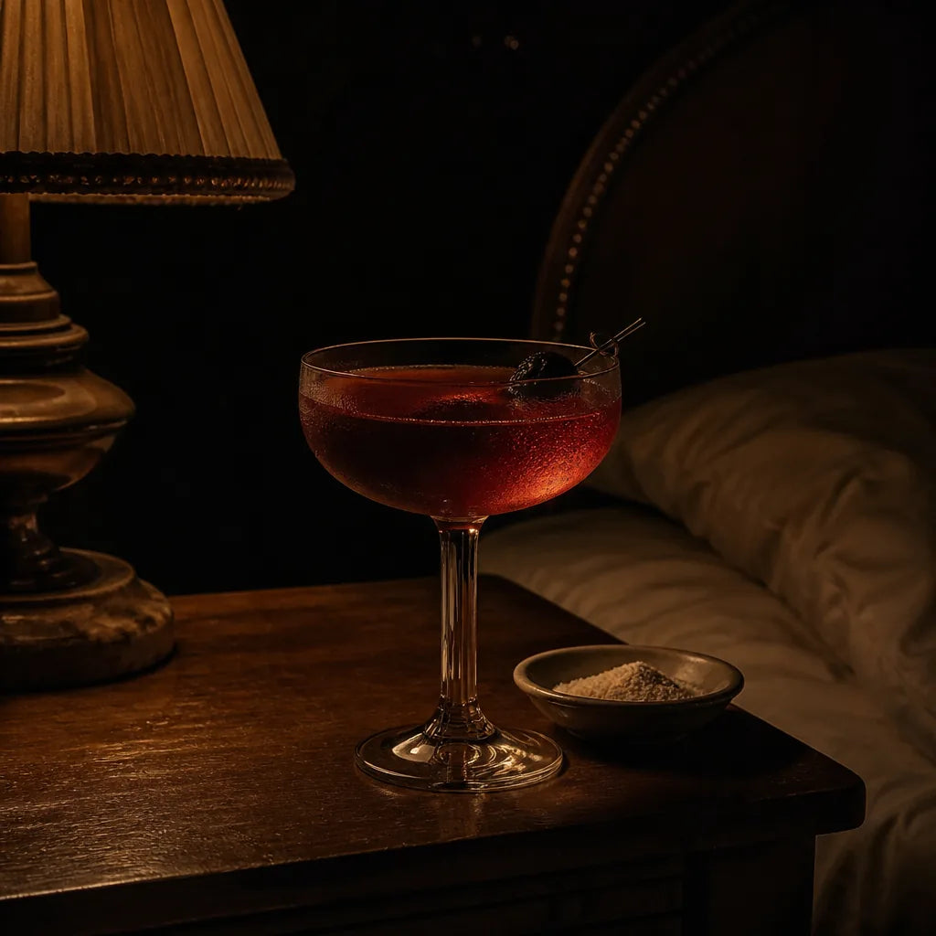 A tart-cherry mocktail in a coupe glass on a nightstand beside a small dish of mineral powder