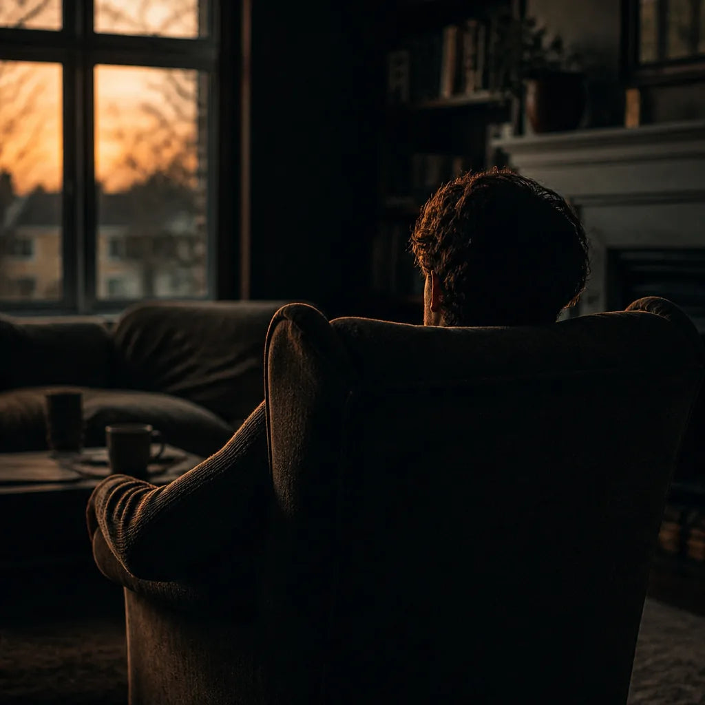 A person sinking into an armchair in a dim living room at dusk, shoulders dropping