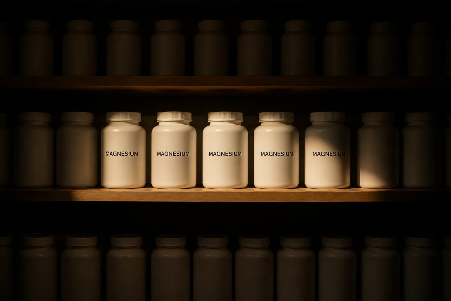 A drugstore shelf crowded with near-identical white magnesium bottles