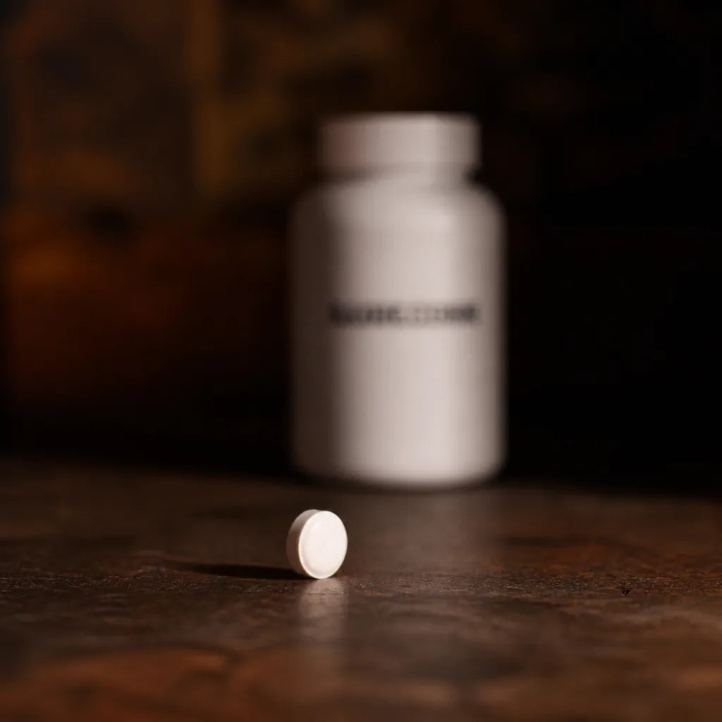 A single white oxide tablet on a bare pharmacy counter, generic magnesium bottle out of focus behind it