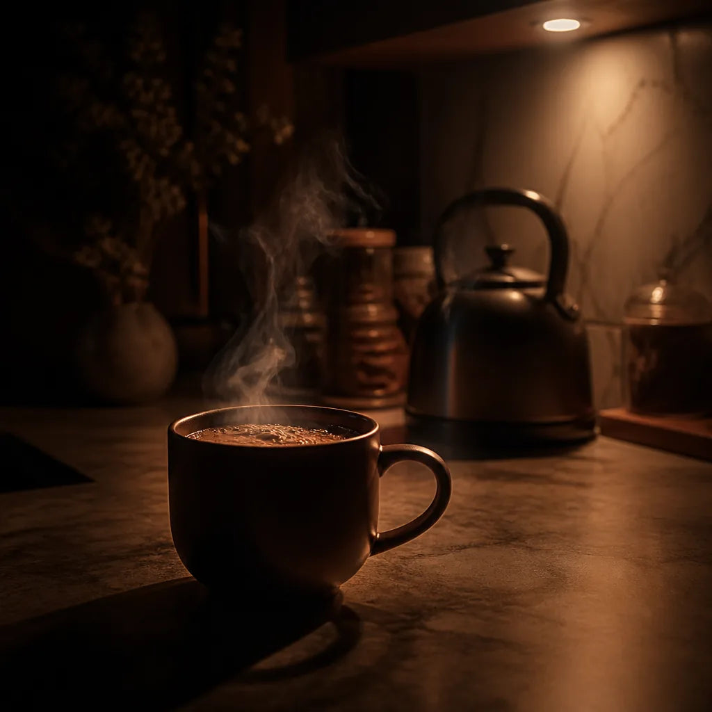 Steam rising off a warm mug on a kitchen counter at night, kettle in soft focus behind