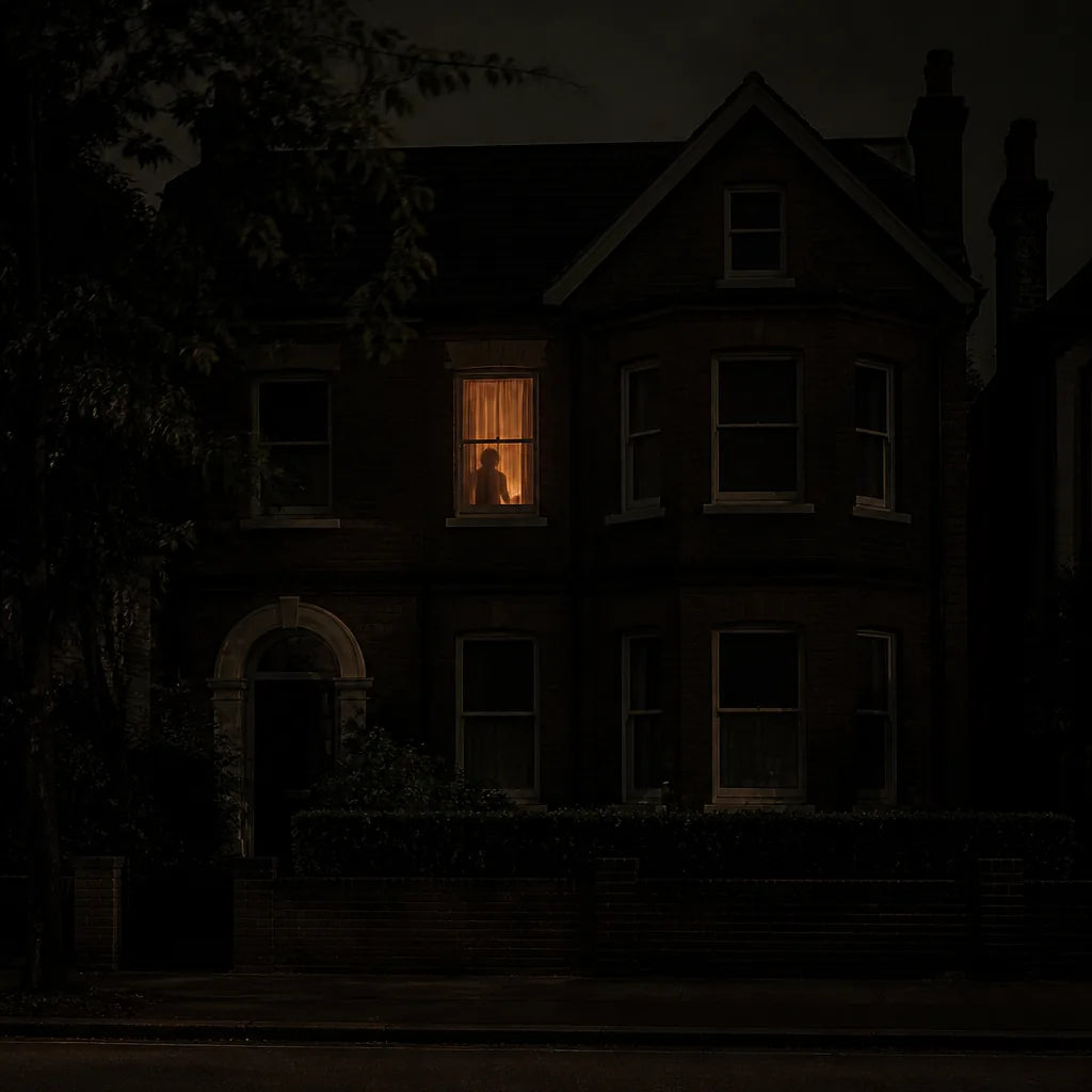One lit bedroom window glowing at night in an otherwise dark house, seen from the street