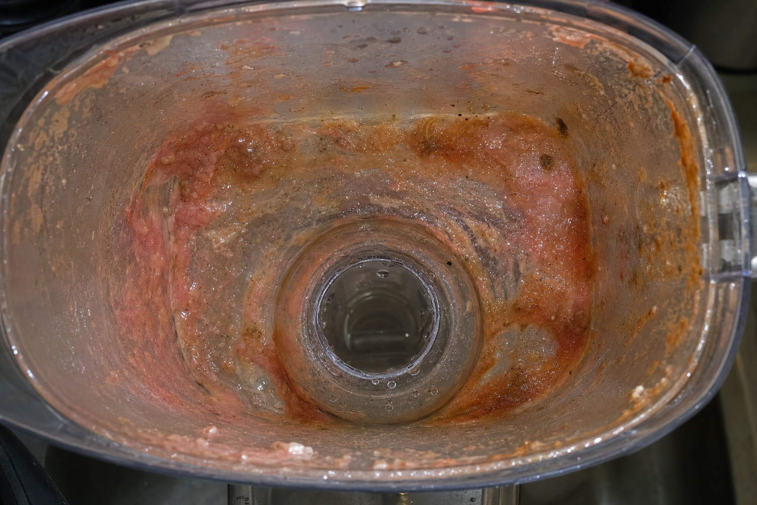 Pink and brown biofilm slime coating the inside of a clear water filter pitcher reservoir