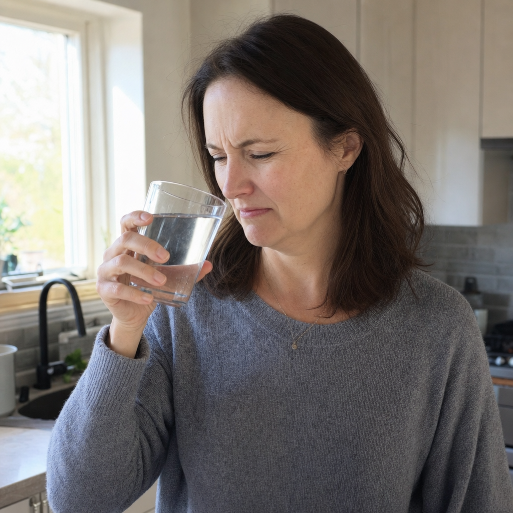 A woman in a kitchen recoiling slightly as she smells a glass of water