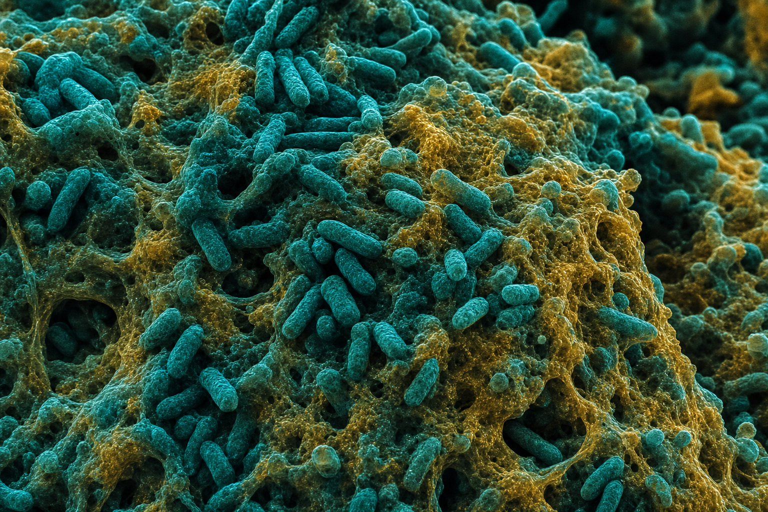 High-magnification image of bacterial biofilm: rod-shaped bacteria embedded in a slimy matrix