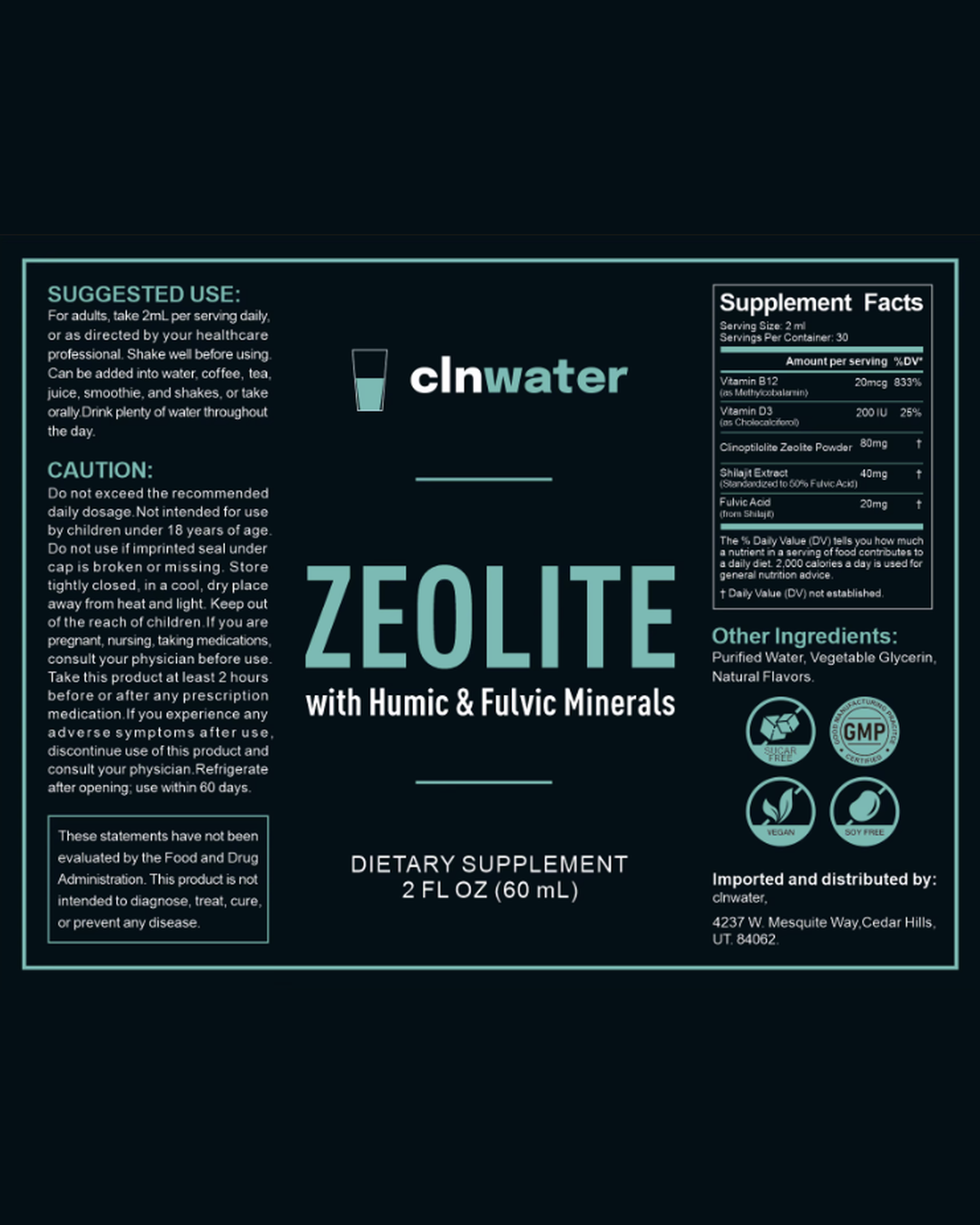 Full clnwater Zeolite Supplement Facts label with ingredients and suggested use