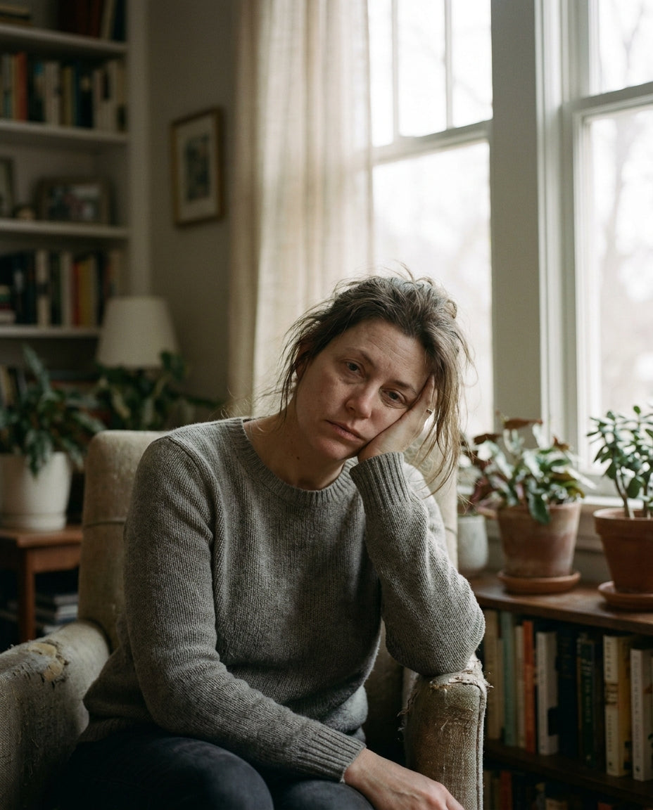 A woman feeling tired and run down at home