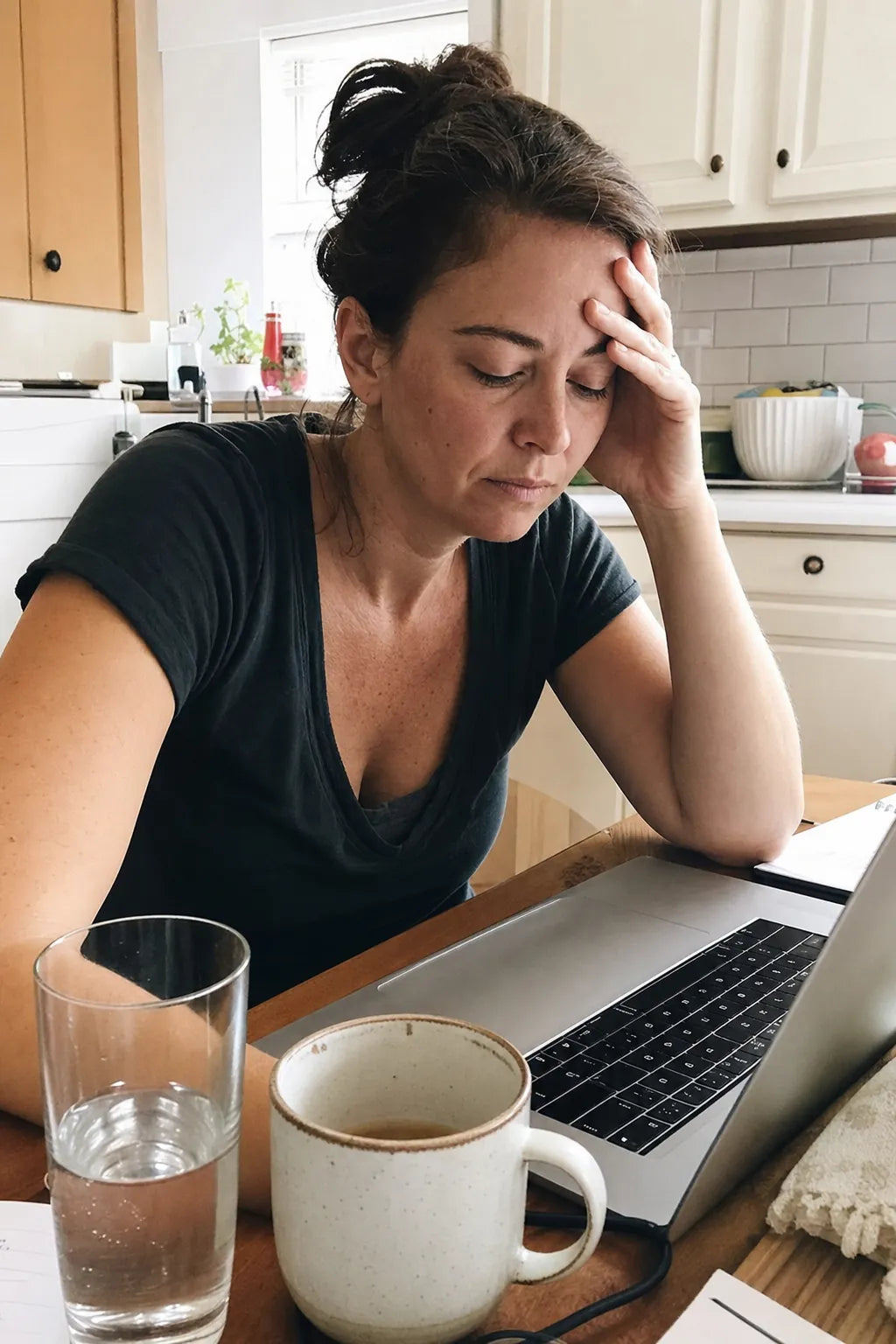 A tired woman at her kitchen table in the afternoon.