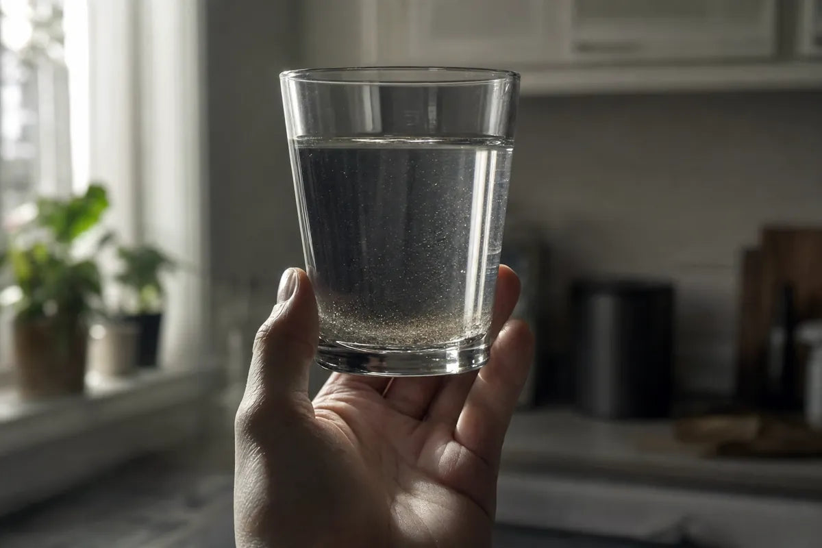 A glass of water held to the light showing faint residue.