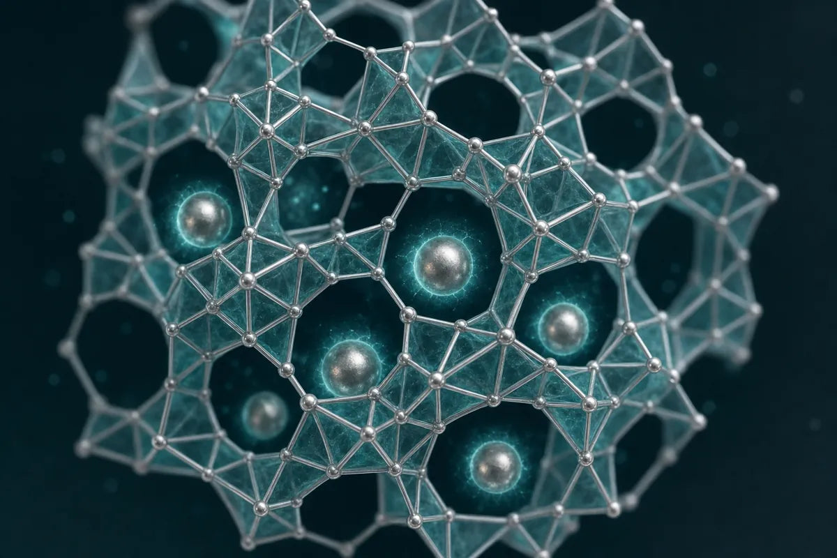 The zeolite cage structure trapping metal particles.