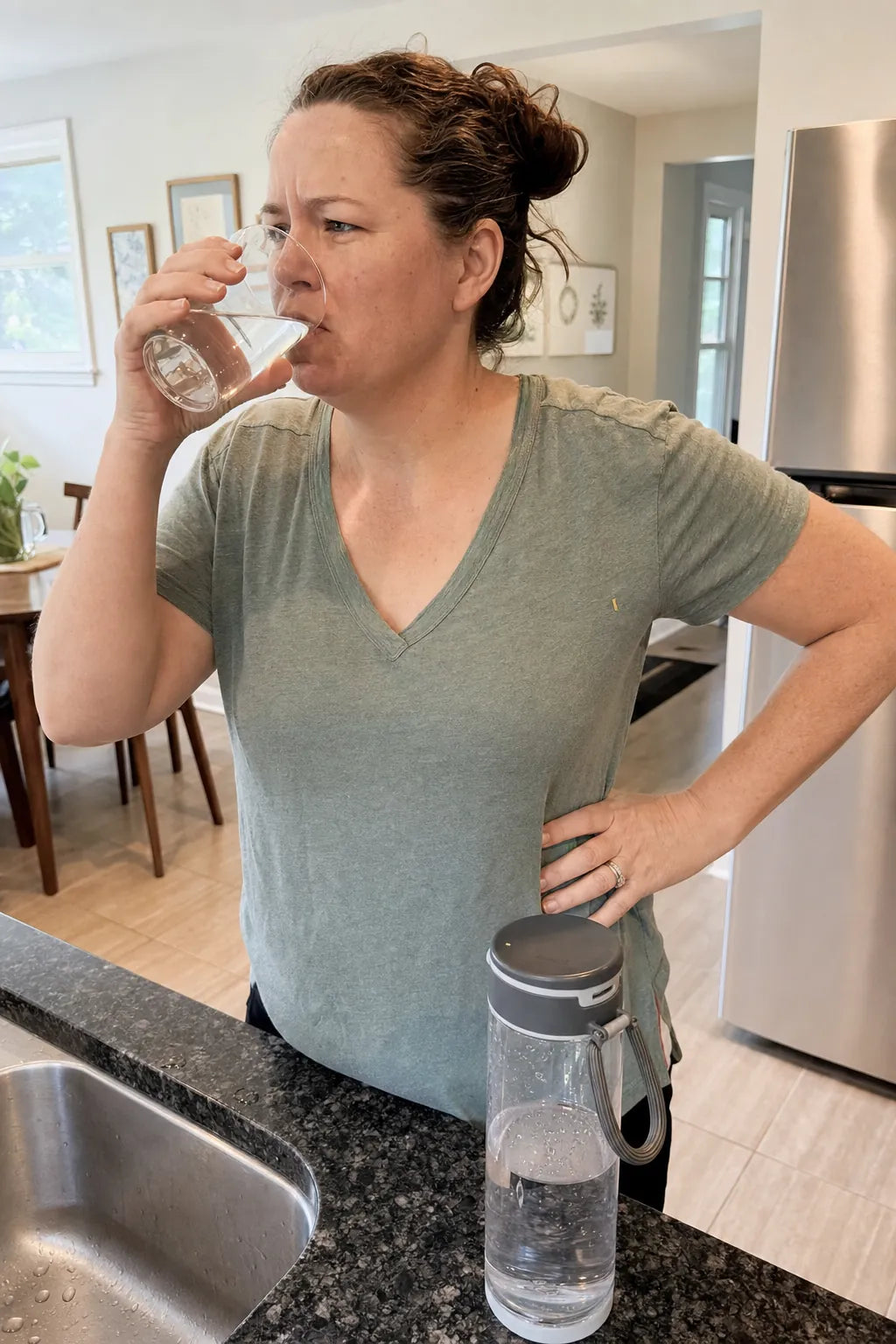 A woman drinking water at the sink, still thirsty.
