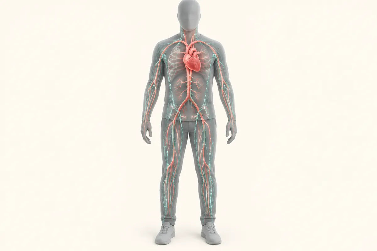 Diagram of the heart and blood vessels next to the lymph network, which has no pump