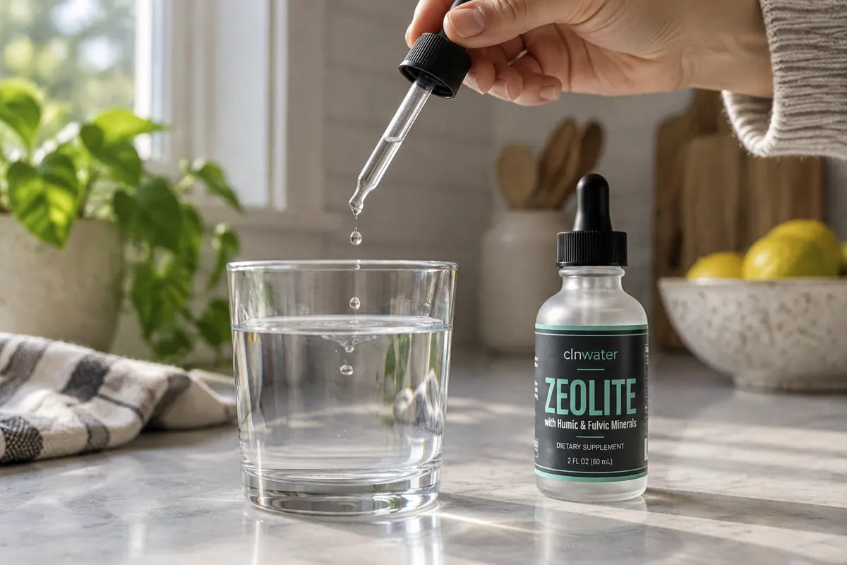 Dropper adding Trace drops to a glass of water on a kitchen counter, the Trace bottle beside it