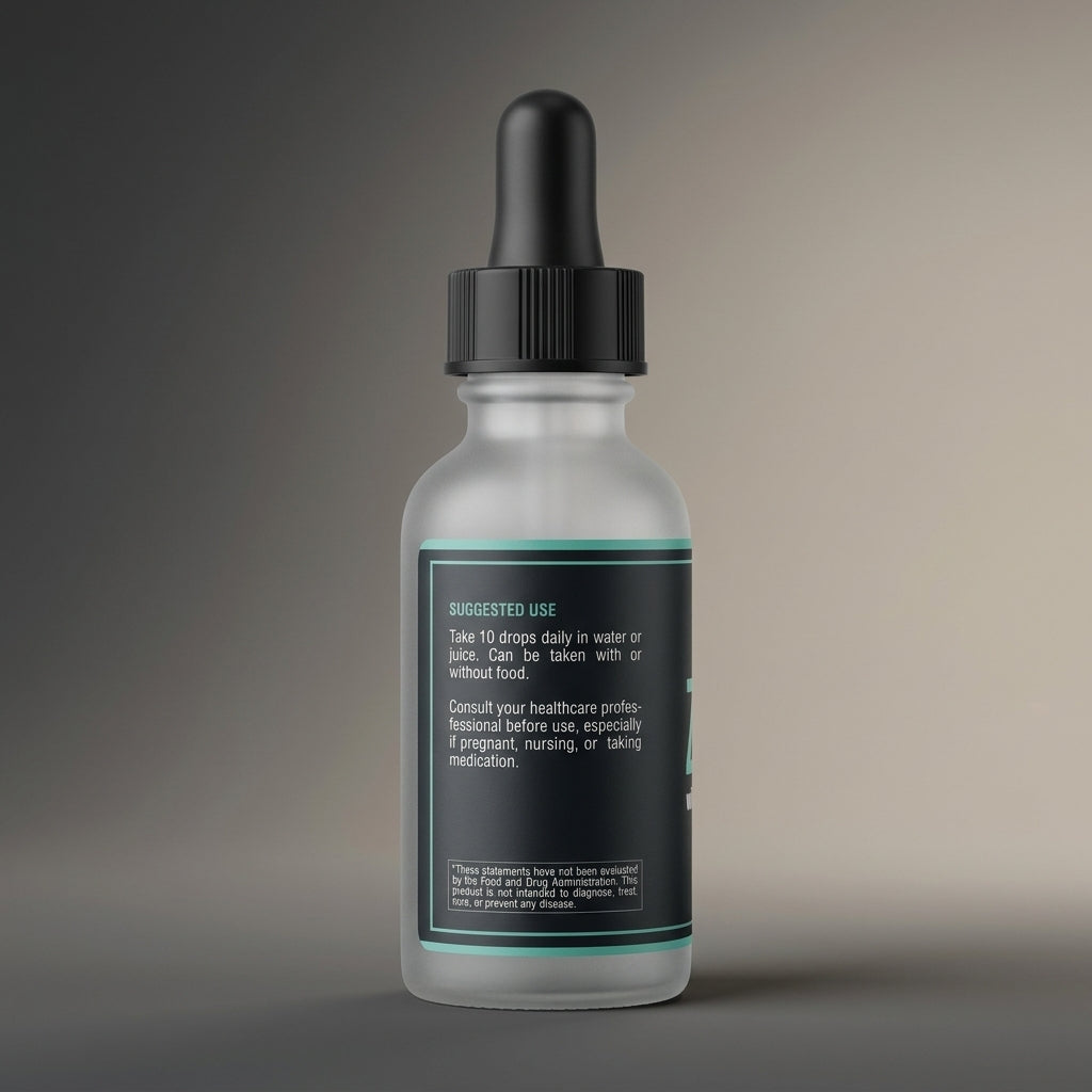 Frosted teal dropper bottle of Trace mineral drops beside a clear glass of water