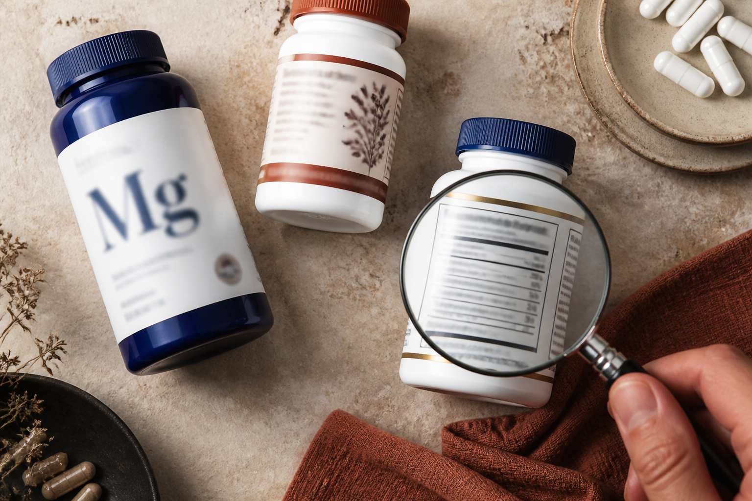 Several magnesium bottles being compared with a magnifying glass