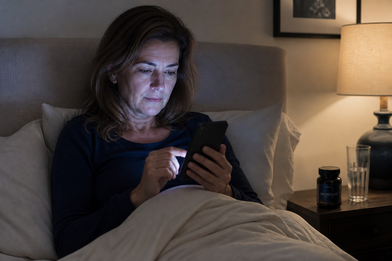 Woman answering work messages on her phone while magnesium sits on the nightstand