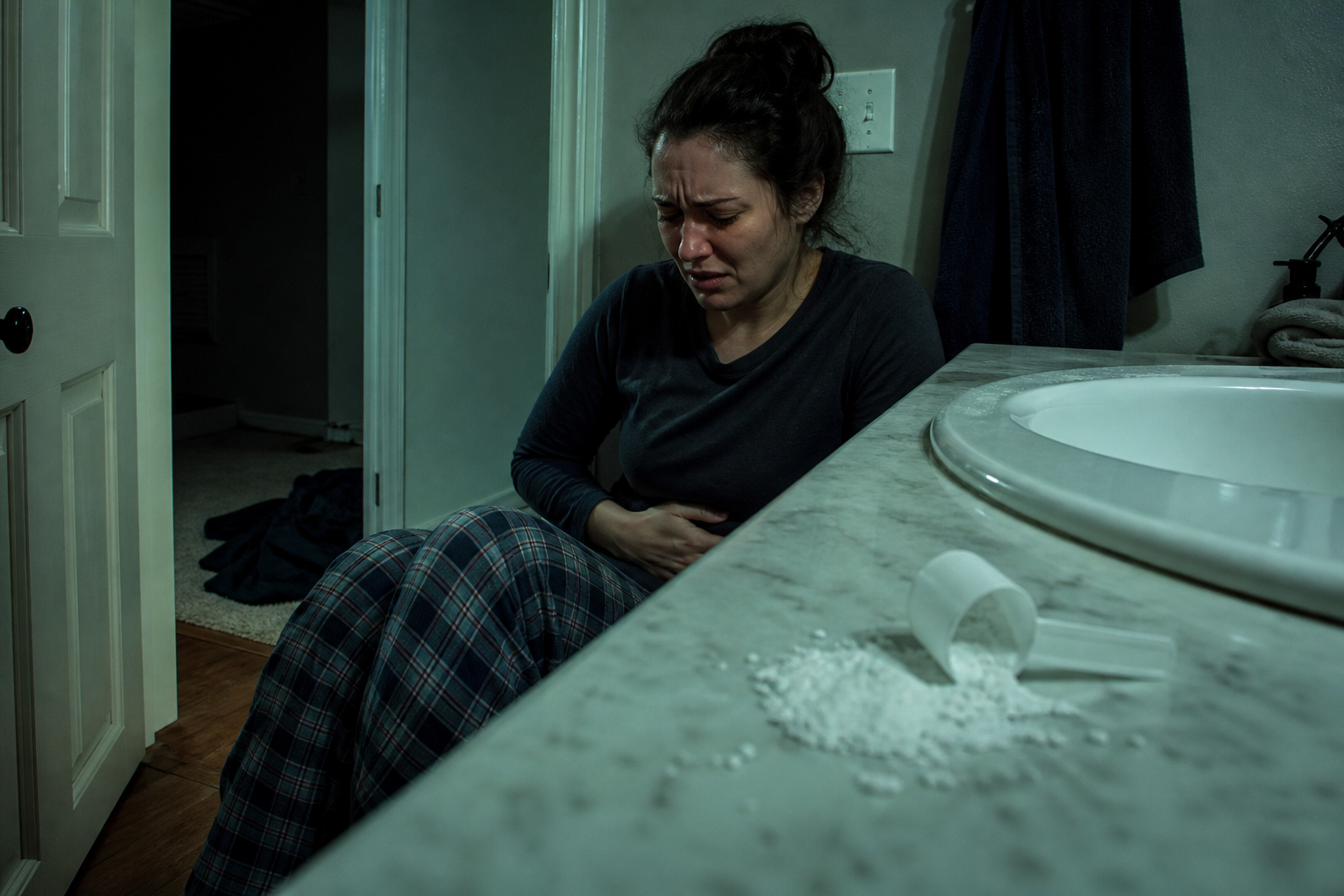 Woman with stomach cramps beside spilled supplement powder in a bathroom
