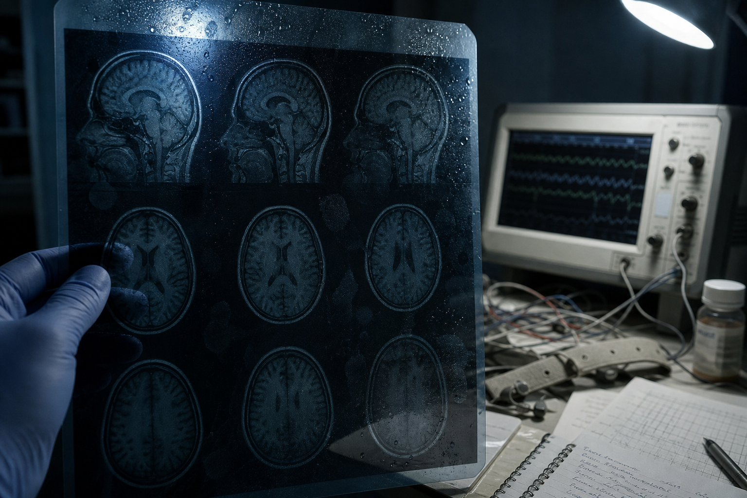 Gloved hand holding a brain scan over sleep-study equipment