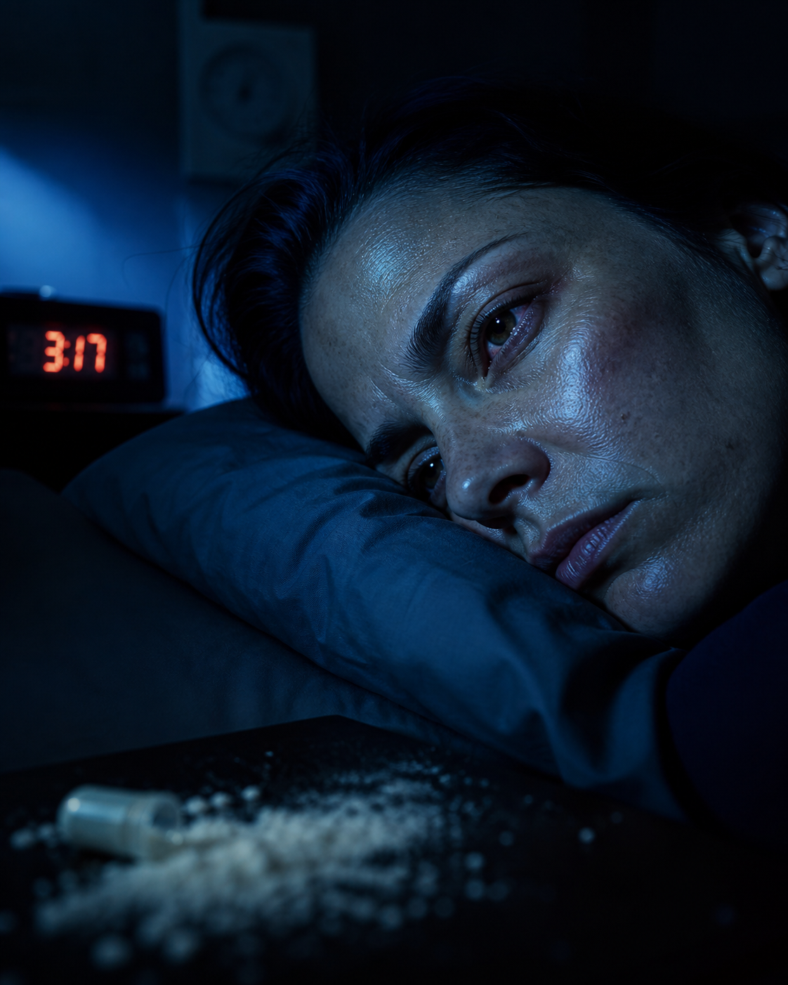 Sleepless woman awake at 3:17 beside a broken magnesium capsule