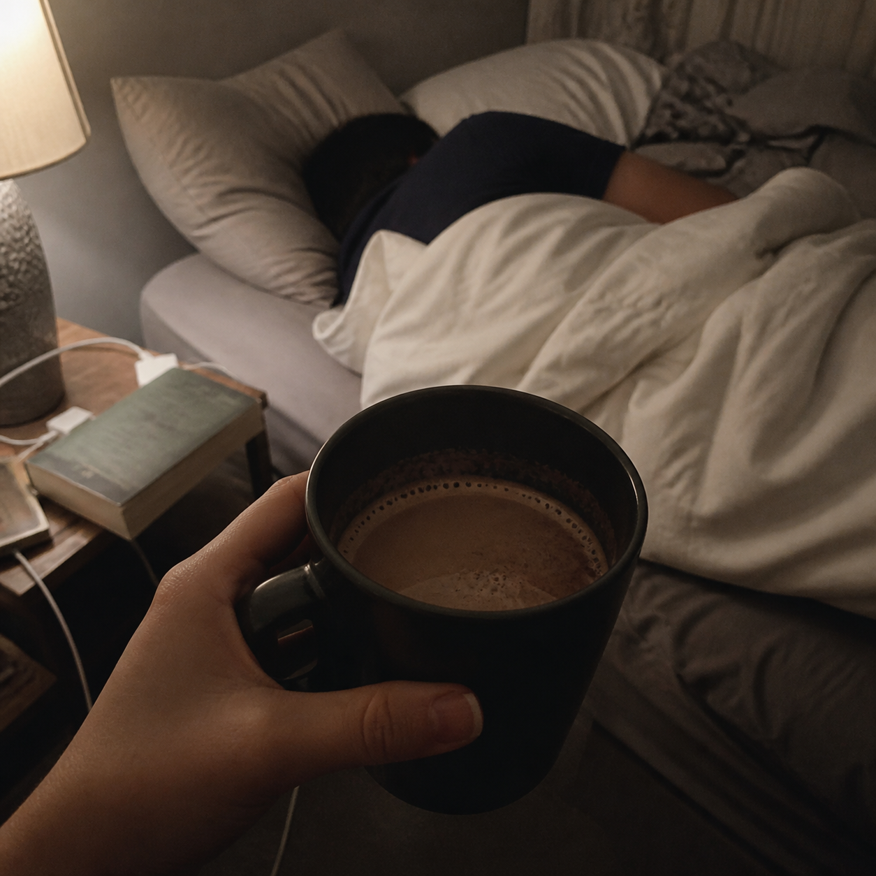 Warm cocoa held beside a sleeping partner